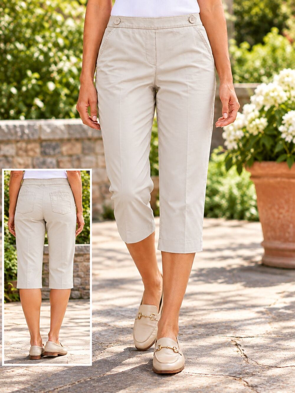 Talbots Women’s Size 4 Beige Stretch Capri Pants Cropped Button Waist Pockets